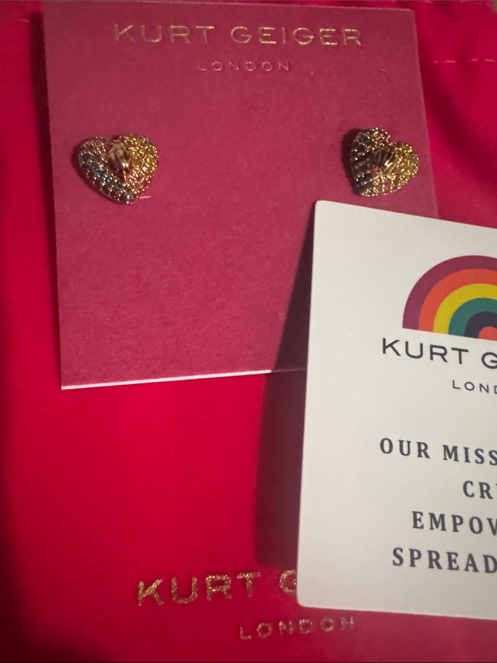 Kurt Geiger Gold Heart Stud Earrings with Signature Colors & Logo Gold Tone